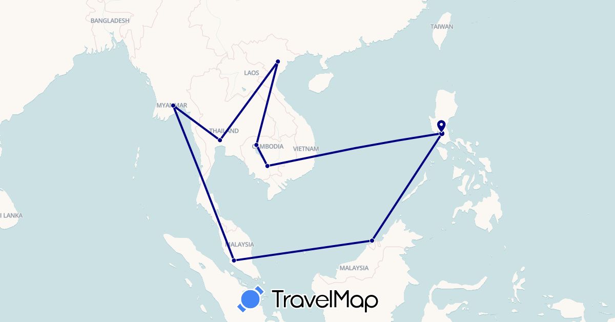 TravelMap itinerary: driving in Brunei, Cambodia, Myanmar (Burma), Malaysia, Philippines, Thailand, Vietnam (Asia)